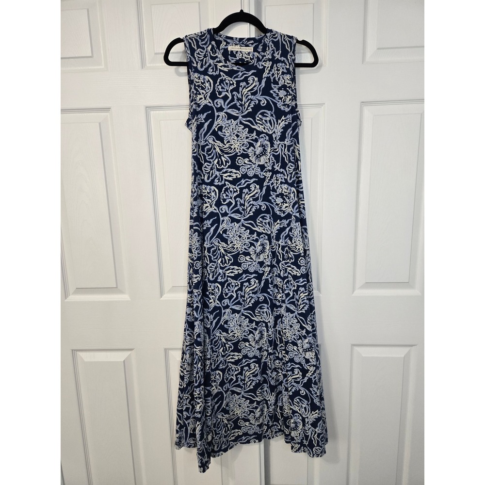 Peruvian Connection Navy Floral Sleeveless Maxi Dress A-Line Stretch